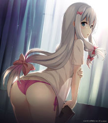 Rule 34 | 1girl, ass, blouse, blue eyes, blush, bow, butt crack, commentary, copyright name, cowboy shot, curtains, drawing tablet, eromanga sensei, from behind, gradient hair, grey hair, hair bow, holding, holding own arm, indoors, izumi sagiri, legs together, long hair, looking at viewer, looking back, low-tied long hair, multicolored hair, panties, parted lips, pink bow, pink hair, pink panties, revision, rods, see-through silhouette, shirt, short sleeves, side-tie panties, sidelocks, solo, standing, t-shirt, thighs, underwear, wedgie, white shirt