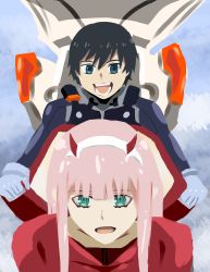 Rule 34 | 10s, 1boy, 1girl, absurdres, black bodysuit, black hair, blue eyes, bodysuit, commentary, couple, darling in the franxx, english commentary, gloves, green eyes, hair ornament, hairband, hetero, highres, hiro (darling in the franxx), holding, horns, long hair, looking at viewer, no lineart, oni horns, pilot suit, pink hair, red bodysuit, red horns, short hair, white gloves, white hairband, winson, zero two (darling in the franxx)