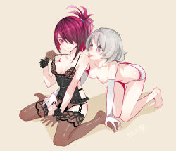 Rule 34 | 2girls, bad id, bad pixiv id, barefoot, breasts, elbow gloves, feet, holding with feet, garter belt, garter straps, gloves, grey eyes, hair over one eye, hands on feet, holding another&#039;s foot, kinger, kneeling, licking, lingerie, multiple girls, nipples, no shoes, original, panties, ponytail, red eyes, red hair, silver hair, sitting, small breasts, thighhighs, topless, underwear, underwear only, wariza, yuri