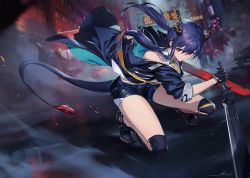 Rule 34 | 1girl, alov, arknights, bare shoulders, belt, black footwear, black gloves, black shorts, blue hair, blue jacket, ch&#039;en (arknights), city, commentary, dragon girl, dragon horns, dragon tail, gloves, hair between eyes, holding, holding sword, holding weapon, horns, jacket, kneeling, long hair, low twintails, necktie, neckwear request, red eyes, reverse grip, shin guards, shirt, shoes, short shorts, short sleeves, shorts, sleeveless, sleeveless shirt, sword, tail, thighs, twintails, v-shaped eyebrows, weapon, white shirt, yellow neckwear