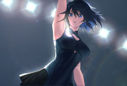 Rule 34 | 1girl, arm up, armpits, black skirt, blue dress, blue eyes, blue hair, breasts, ciel (tsukihime), cleavage cutout, clothing cutout, commentary request, dress, floating hair, hair between eyes, highres, large breasts, looking at viewer, madoro q, miniskirt, pleated skirt, powered ciel, short hair, skirt, sleeveless, sleeveless dress, solo, teeth, tsukihime, tsukihime (remake), upper teeth only