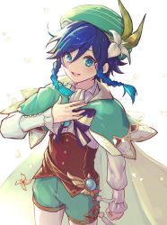 Rule 34 | 1boy, anemo (genshin impact), black hair, blue eyes, blue hair, braid, child, feathers, flower, gem, genshin impact, gradient hair, green hat, hat, jewelry, long sleeves, male focus, multicolored hair, open mouth, pantyhose, petals, ribbon, shorts, simple background, smile, solo, trap, twin braids, venti (genshin impact), vision (genshin impact), white background, yoruhachi