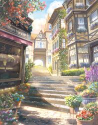 Rule 34 | absurdres, blue flower, building, bush, cloud, commentary request, cosmos (flower), day, falling petals, flower, flower pot, highres, hyacinth, no humans, orange flower, original, outdoors, petals, pink flower, purple flower, red flower, scenery, stairs, tomato (kiiroitomato33), town, tree, window