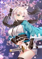 Rule 34 | 1girl, ahoge, black bow, black scarf, black thighhighs, blurry, blurry background, blush, bow, branch, commentary request, covered mouth, cowboy shot, depth of field, fate/grand order, fate (series), fighting stance, flower, green eyes, hair between eyes, hair bow, hakuda tofu, half updo, haori, highres, holding, holding sheath, japanese clothes, katana, kimono, koha-ace, light brown hair, looking at viewer, okita souji (fate), okita souji (koha-ace), petals, pink flower, ready to draw, scarf, sheath, sheathed, short kimono, solo, sword, thighhighs, weapon, white kimono