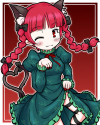 Rule 34 | 1girl, ;3, animal ears, blunt bangs, bow, braid, cat ears, cat tail, clothes lift, dress, dress lift, eruru (erl), frilled dress, frills, gradient background, hair bow, highres, kaenbyou rin, multiple tails, nekomata, one eye closed, red eyes, red hair, solo, tail, touhou, twin braids, two tails