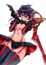 Rule 34 | 10s, 1girl, aderfabill, areola slip, bad proportions, blush, breasts, cleavage, embarrassed, grin, kill la kill, large breasts, looking at viewer, matoi ryuuko, multicolored hair, navel, nipple slip, nipples, revealing clothes, scissor blade (kill la kill), senketsu, shiny skin, simple background, smile, solo, suspenders, sword, thighhighs, two-tone hair, weapon, white background