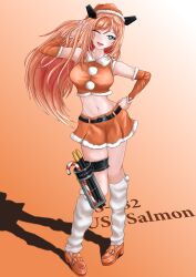 Rule 34 | 1girl, absurdres, belt, belt buckle, black belt, blue eyes, breasts, bridal gauntlets, buckle, candy, candy cane, character name, food, full body, fur-trimmed headwear, fur-trimmed skirt, fur trim, gradient background, hat, highres, holster, kantai collection, looking at viewer, loose socks, medium breasts, midriff, miniskirt, official alternate costume, one eye closed, orange background, orange hair, orange hat, orange skirt, salmon (kancolle), santa hat, shirt, skirt, sleeveless, sleeveless shirt, socks, solo, thigh holster, torpedo, white socks, yasakae (coumin c)