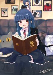 Rule 34 | 1girl, animal, aoshima sakana, backpack, bag, black cat, black thighhighs, blue hair, blunt bangs, blush, book, bubble, cat, closed eyes, commission, couch, dress, holding, holding book, idolmaster, idolmaster cinderella girls, indoors, long hair, open book, open mouth, photo album, picture frame, pillow, red eyes, sajo yukimi, sitting, skeb commission, thighhighs, twitter username