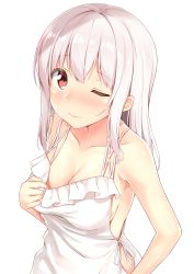 Rule 34 | 1girl, absurdres, apron, bad id, bad pixiv id, bare shoulders, blush, breasts, cleavage, closed mouth, clothes pull, collarbone, commentary request, dress, dress pull, embarrassed, highres, karutamo, long hair, looking at viewer, medium breasts, naked apron, one eye closed, original, red eyes, simple background, sleeveless, sleeveless dress, solo, tisshu (karutamo), upper body, white background, white dress, white hair