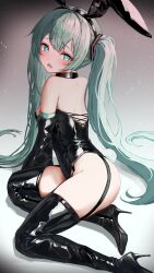 Rule 34 | 1girl, animal ear hairband, animal ears, aqua eyes, aqua hair, black leotard, blush, boots, breasts, choker, detached collar, fake animal ears, garter straps, hatsune miku, high heel boots, high heels, highleg, highleg leotard, highres, leotard, long hair, looking at viewer, open mouth, patent boots, patent heels, playboy bunny, rabbit ear hairband, rabbit ears, rabbit tail, shirubaa, shoe soles, simple background, small breasts, solo, stiletto boots, stiletto heels, strapless, strapless leotard, tail, thigh boots, twintails, vocaloid, wrist cuffs