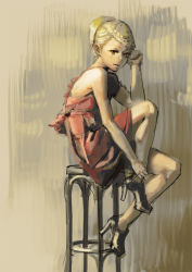 Rule 34 | 1girl, aro (charged time out), bad id, bad pixiv id, blonde hair, dress, lips, original, red dress, red skirt, sitting, skirt, solo, stool
