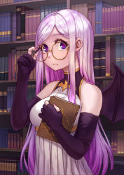 Rule 34 | 1girl, adjusting eyewear, aesice, bare shoulders, bat wings, black gloves, blue eyes, book, bookshelf, diamond-shaped pupils, diamond (shape), dress, elbow gloves, fang, fang out, glasses, gloves, highres, holding, holding book, library, light purple hair, long hair, looking at viewer, nail polish, original, partially fingerless gloves, pink nails, pleated dress, purple pupils, round eyewear, sidelocks, solo, symbol-shaped pupils, very long hair, white dress, wings