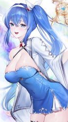 Rule 34 | 1girl, aqua eyes, blue dress, blue hair, breasts, choker, cleavage, collarbone, covered navel, cowboy shot, criss-cross halter, dress, gem, hair between eyes, hair intakes, hairband, halter dress, halterneck, highres, holding, holding staff, large breasts, leaning forward, lichiko, long hair, looking at viewer, low neckline, open clothes, open mouth, open robe, original, robe, short dress, side ponytail, sidelocks, simple background, single bare shoulder, smile, staff, very long hair