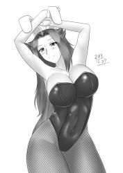 Rule 34 | 10s, 1girl, 2013, absurdres, animal ears, armpits, arms up, bare shoulders, blush, breasts, cleavage, collarbone, covered navel, dated, ezoredfox, fake animal ears, female focus, fishnet pantyhose, fishnets, greyscale, highres, jun&#039;you (kancolle), kantai collection, large breasts, leotard, long hair, looking at viewer, monochrome, pantyhose, playboy bunny, rabbit ears, simple background, smile, solo, white background