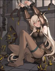 Rule 34 | 1girl, arknights, armpits, arms up, black leotard, bodystocking, bound, bound wrists, brown pantyhose, chain, clenched teeth, criss-cross halter, detached sleeves, feet, full body, grey hair, halter leotard, halterneck, highleg, highleg leotard, horns, impossible clothes, indoors, knee up, legs, leotard, long hair, looking at viewer, nail polish, no shoes, on ground, paid reward available, pantyhose, shining (arknights), sitting, soles, solo, spread toes, teeth, tentacles, thigh strap, toenail polish, toenails, toes, very long hair, xssh