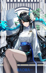 Rule 34 | 1girl, 9 vcat, absurdres, arknights, arm support, artist name, belt, black hair, black skirt, blue belt, chinese clothes, closed mouth, colored skin, desk, dragon girl, dragon horns, dragon tail, dusk (arknights), earrings, eyeshadow, feet out of frame, fiery tail, flame-tipped tail, gradient skin, green hair, green horns, green skin, hair over one eye, high belt, highres, horns, indoors, jewelry, knees together feet apart, long belt, long hair, long sleeves, looking at viewer, makeup, miniskirt, multicolored hair, narrow waist, on desk, pencil skirt, pointy ears, red eyes, red eyeshadow, shirt, sitting, on desk, skirt, solo, streaked hair, swept bangs, tail, tassel, tassel earrings, white shirt, wide sleeves