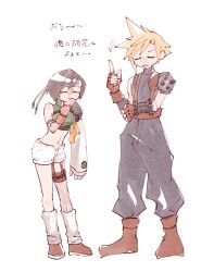 Rule 34 | 1boy, 1girl, armor, asymmetrical legwear, baggy pants, bandaged arm, bandages, belt, black hair, blonde hair, blue pants, blue shirt, boots, breasts, brown belt, brown gloves, closed eyes, cloud strife, crop top, final fantasy, final fantasy vii, fingerless gloves, fishnet armwear, fishnet thighhighs, fishnets, full body, gloves, green shirt, hand to own mouth, headband, leaning forward, leg warmers, medium breasts, midriff, nitoya 00630a, open fly, open mouth, orange shorts, pants, pointing, shirt, shoes, short shorts, shorts, shoulder armor, sleeveless, sleeveless turtleneck, sneakers, spiked hair, suspenders, thighhighs, turtleneck, white background, white shorts, yuffie kisaragi