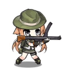 Rule 34 | 1girl, :d, ;d, animated, animated gif, black gloves, black socks, blonde hair, blush, chibi, closed eyes, cowboy hat, f1 (girls&#039; frontline), fingerless gloves, full body, girls&#039; frontline, gloves, green hat, grey eyes, gun, hat, hat tip, holding, holding gun, holding weapon, keffiyeh, long hair, lowres, official art, one eye closed, open clothes, open mouth, open vest, pointing, pouch, sidelocks, simple background, smile, socks, solo, standing, submachine gun, thigh pouch, twintails, vest, weapon, white background