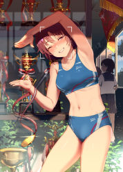 Rule 34 | 2girls, arm up, armpits, blush, breasts, brown eyes, brown hair, buruma, cabinet, commentary request, indoors, legs apart, looking at viewer, looking back, medal, medium breasts, multiple girls, navel, one eye closed, original, parted lips, plant, red ribbon, ribbon, satsuki neko, school uniform, shirt, short sleeves, smile, solo focus, sports bikini, standing, stomach, tree, trophy, viewfinder, white shirt, window