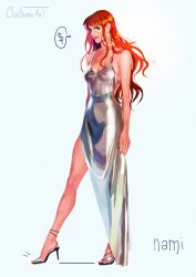 Rule 34 | 1girl, clauduranart, commentary, dollar sign, dress, earrings, english commentary, high heels, highres, jewelry, long hair, looking at viewer, nami (one piece), one piece, orange eyes, orange hair, pink lips, silver dress, simple background, solo