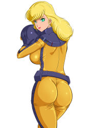 Rule 34 | 1girl, belt, blonde hair, breasts, earrings, from behind, gloves, green eyes, gundam, helmet, highres, holding, icelina eschonbach, jewelry, large breasts, lento (glamour works), lipstick, long hair, looking at viewer, looking back, makeup, mobile suit gundam, pilot suit, simple background