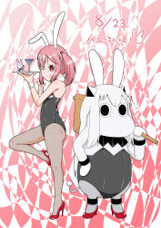 Rule 34 | 2girls, abyssal ship, animal ears, anklet, rabbit, rabbit ears, cocktail glass, collar, commentary request, cup, dated, drinking glass, fake animal ears, finger gun, hair between eyes, hair bobbles, hair ornament, hairband, hand on own hip, high heels, highres, holding, holding tray, horns, jewelry, kantai collection, long hair, looking at viewer, mallet, moomin, multiple girls, muppo, one eye closed, pantyhose, pink eyes, pink hair, playboy bunny, sazanami (kancolle), sazanami konami, sidelocks, smile, tail, tongue, tongue out, translation request, tray, twintails, white hair