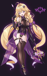Rule 34 | 1girl, absurdres, alternate eye color, azur lane, black background, black footwear, black gloves, blonde hair, braid, brown leotard, brown thighhighs, budesonide, corruption, covered erect nipples, dark persona, detached sleeves, full body, gloves, glowing, hair ornament, high heels, highres, holding, holding polearm, holding weapon, le temeraire (azur lane), leotard, long hair, looking at viewer, polearm, pubic tattoo, purple eyes, purple ribbon, ribbon, shoes, simple background, solo, tattoo, thigh strap, thighhighs, tongue, tongue out, tongue tattoo, twin braids, twintails, underbust, very long hair, weapon