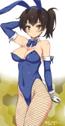 Rule 34 | 10s, 1girl, 2016, alternate costume, animal ears, areola slip, arm up, artist name, bare shoulders, black hair, blue bow, blue detached sleeves, blue leotard, blush, bow, bowtie, breasts, brown hair, cleavage, clenched hand, closed mouth, covered erect nipples, covered navel, dated, detached collar, detached sleeves, embarrassed, fake animal ears, female focus, fishnet pantyhose, fishnets, gloves, gradient background, groin, highleg, highleg leotard, highres, kaga (kancolle), kantai collection, large breasts, legs, leotard, looking at viewer, neck, nipple slip, nipples, pantyhose, playboy bunny, rabbit ears, rabbit tail, short hair, shy, side ponytail, signature, solo, standing, strapless, strapless leotard, sweatdrop, tail, umyonge (lkakeu), white gloves, yellow eyes