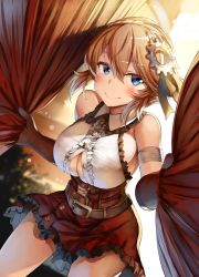 Rule 34 | 1girl, bad id, bad twitter id, belko, belt, blonde hair, blue eyes, blurry, blurry background, blush, braid, breasts, brown gloves, buckle, center frills, cleavage, closed mouth, collared shirt, corset, crown braid, curtain grab, curtains, day, depth of field, dolly (sennen sensou aigis), elbow gloves, frilled shirt collar, frilled skirt, frills, girl on top, gloves, grin, hair between eyes, highres, indoors, large breasts, leaning forward, light particles, looking at viewer, messy hair, partially unbuttoned, red skirt, sennen sensou aigis, shirt, short hair, sidelocks, skirt, sleeveless, sleeveless shirt, smile, solo, solo focus, sparkle, sweat, taut clothes, thighs, white shirt