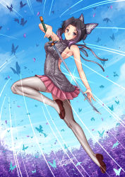 Rule 34 | 1girl, adsouto, alternate costume, artist name, backless dress, backless outfit, black hair, blue background, breasts, brown footwear, bug, butterfly, butterfly hair ornament, casual, closed mouth, dress, flower, full body, gradient hair, grey dress, grey thighhighs, hair intakes, hair ornament, highres, holding, holding sword, holding weapon, insect, katana, kimetsu no yaiba, kochou shinobu, large breasts, leg up, meme attire, miniskirt, multicolored hair, pink skirt, pleated skirt, purple flower, purple hair, short hair with long locks, sideboob, sidelocks, skirt, sleeveless, sleeveless dress, smile, solo, sword, thighhighs, virgin killer sweater, weapon, zettai ryouiki