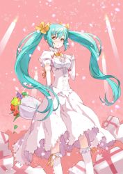 Rule 34 | 1girl, aqua hair, bobby socks, bouquet, bow, breasts, dress, elbow gloves, female focus, flower, gift, gloves, hair bow, hand on own chest, hatsune miku, highres, long hair, maeda risou, pink eyes, plant, socks, solo, twintails, very long hair, vocaloid