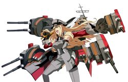 Rule 34 | 1girl, anchor, antennae, bismarck (kancolle), blonde hair, blue eyes, breasts, cannon, cowboy shot, cross, endou aya, fighting stance, gloves, hat, idol, kantai collection, large breasts, long hair, machinery, macross, macross frontier, military, military hat, military uniform, nihyaku kairi, open mouth, parody, voice actor connection, sheryl nome, solo, style parody, turret, uniform, weapon, white background