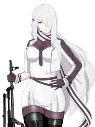Rule 34 | 1girl, black footwear, black gloves, black necktie, black pantyhose, boots, breasts, coat dress, dress, feet out of frame, girls&#039; frontline, gloves, gun, hair between eyes, hair ornament, hair over one eye, hairclip, hand on own hip, highres, holding, holding gun, holding weapon, jacket, long hair, long sleeves, looking at viewer, machine gun, medium breasts, necktie, open clothes, open jacket, open mouth, pantyhose, parted lips, pk (girls&#039; frontline), pk machine gun, red eyes, scarf, solo, standing, sumi ojie, thigh boots, weapon, white background, white dress, white hair, white jacket, white scarf