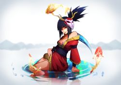 Rule 34 | 1girl, akali, antlers, arm support, artist name, blood moon akali, blunt bangs, blurry, blurry background, blurry foreground, breasts, choker, cleavage, commentary, depth of field, english commentary, fake antlers, highres, holding, holding weapon, horns, japanese clothes, kama (weapon), kimono, koi, kuno (runkunochan), league of legends, leaning back, lips, looking at viewer, mask, medium breasts, mouth mask, ninja mask, obi, orange eyes, partially submerged, red kimono, red lips, sash, sickle, sidelocks, sitting, sitting on water, solo, water, weapon, wide ponytail, wide sleeves