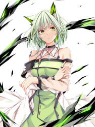 Rule 34 | 1girl, animal ear fluff, animal ears, arknights, cat ears, cat girl, closed mouth, crossed arms, dress, green dress, green eyes, green hair, highres, kal&#039;tsit (arknights), looking at viewer, material growth, off-shoulder dress, off shoulder, oripathy lesion (arknights), short hair, solo, suterii