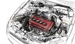 Rule 34 | cable, engine, from above, highres, hikageno, honda, honda civic, honda civic type r, no humans, original, sketch, spot color, vehicle focus, white background
