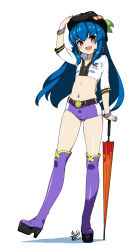 Rule 34 | 1girl, :d, alternate costume, belt, blue hair, blush, boots, closed umbrella, clothes writing, female focus, food, fruit, hat, hinanawi tenshi, hyouju issei, long hair, long legs, looking at viewer, midriff, navel, open mouth, peach, planted, planted umbrella, race queen, red eyes, short shorts, shorts, simple background, smile, solo, thigh boots, thighhighs, touhou, umbrella, white background