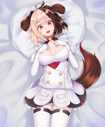 Rule 34 | 1girl, ahoge, animal ears, apron, blonde hair, blush, breasts, brown hair, cleavage cutout, clothing cutout, dog ears, dog girl, dog tail, elbow gloves, fangs, gloves, hachiko of castling, highres, last origin, maid, maid apron, maid headdress, medium breasts, multicolored hair, on bed, open mouth, red eyes, smile, solo, sooottrick, split-color hair, tail, thighhighs, two-tone hair, white gloves, white thighhighs