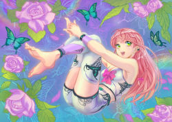 Rule 34 | 1girl, anklet, bare shoulders, barefoot, braid, breasts, bug, butterfly, cleavage, earrings, feet, fetal position, flower, gradient background, highres, insect, interlocked fingers, jewelry, lipstick, mai (b9035796), makeup, original, pink hair, rose, shorts, smile, soles, solo, thighhighs, toeless legwear, toes