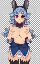 Rule 34 | 1girl, animal ears, bad id, bad pixiv id, black thighhighs, blue hair, blush, bow, bow panties, bowtie, breasts, covering privates, covering breasts, drill hair, fingernails, frills, kusanagi tonbo, large breasts, long fingernails, long hair, nail, nail polish, no bra, no pants, open clothes, open shirt, original, panties, rabbit ears, red eyes, shirt, side-tie panties, smile, solo, standing, thighhighs, underwear