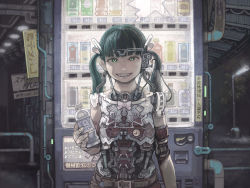 Rule 34 | 1girl, backlighting, belt, blunt bangs, bottle, catcar0983, cyborg, fangs, glowing, glowing eyes, green eyes, green hair, grin, holding, holding bottle, lamppost, looking at viewer, mechanical parts, night, original, outdoors, science fiction, smile, solo, twintails, vending machine