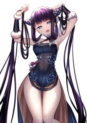 Rule 34 | 1girl, armpits, arms up, bare shoulders, black dress, blue eyes, blunt bangs, blush, breasts, china dress, chinese clothes, cleavage, detached sleeves, dress, fate/grand order, fate (series), hair ornament, highres, large breasts, long hair, looking at viewer, open mouth, purple hair, rahato, side slit, sidelocks, smile, solo, thighs, twintails, very long hair, yang guifei (fate), yang guifei (second ascension) (fate)