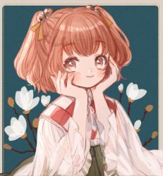 Rule 34 | 1girl, beige border, bell, blue background, blush, border, checkered clothes, checkered kimono, commentary, flower, frilled sleeves, frills, green skirt, hair bell, hair ornament, hands on own cheeks, hands on own face, japanese clothes, kimono, looking at viewer, motoori kosuzu, pink eyes, pink hair, short hair, skirt, smile, sparkle, sparkling eyes, touhou, two side up, wide sleeves, yujup