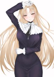 Rule 34 | 1girl, black dress, brown eyes, capelet, covered navel, dress, eyelashes, gloves, hand on own head, hand on own stomach, highres, light brown hair, nao 0829 17, nijisanji, nun, parted bangs, ribbon, sister claire, sister claire (1st costume), skindentation, solo, traditional nun, virtual youtuber, white background, white capelet, white gloves, white ribbon, zipper pull tab
