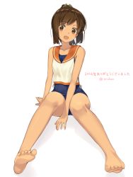 Rule 34 | 10s, 1girl, amagai tarou, bare legs, bare shoulders, barefoot, blush, brown eyes, brown hair, feet, i-401 (kancolle), kantai collection, looking at viewer, one-piece swimsuit, open mouth, ponytail, sailor collar, school swimsuit, school uniform, short hair, short ponytail, smile, soles, solo, swimsuit, swimsuit under clothes, tan, toes, twitter username