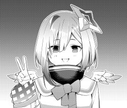 Rule 34 | 1girl, amane kanata, angel wings, asymmetrical hair, bob cut, bow, bowtie, commentary, dress, feathered wings, gradient background, greyscale, hair over one eye, halo, hand up, highres, hololive, izumida fuyuki, long hair, long sleeves, looking at viewer, mini wings, monochrome, screentones, short hair, single hair intake, sleeve cuffs, sleeves past wrists, solo, star halo, straight-on, turtleneck, turtleneck dress, v, virtual youtuber, white wings, wide sleeves, wings