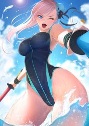Rule 34 | 1girl, arm up, armpits, blue eyes, blue one-piece swimsuit, blue sky, blush, breasts, cloud, competition swimsuit, cowboy shot, day, dual wielding, fate/grand order, fate (series), floating hair, hair bun, highres, holding, imizu (nitro unknown), jewelry, large breasts, leg up, long hair, looking at viewer, miyamoto musashi (fate), miyamoto musashi (swimsuit berserker) (first ascension) (fate), one-piece swimsuit, one eye closed, open mouth, outdoors, sidelocks, single hair bun, sky, solo, splashing, swimsuit, upper body, wading, wet, white hair, wristband