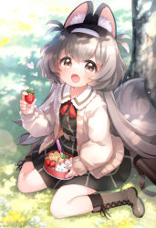 Rule 34 | 1girl, animal ear fluff, animal ears, bento, black dress, boots, brown eyes, brown footwear, cardigan, child, commission, dress, fang, food, fox ears, fox girl, fox tail, from above, fruit, grey hair, hairband, highres, kito (sorahate), long hair, looking up, open mouth, original, outdoors, sitting, skeb commission, smile, solo, strawberry, tail, tree, white cardigan