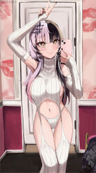Rule 34 | 1girl, absurdres, alternate costume, black dress, black hair, black nails, blush, breasts, cellphone, detached sleeves, dress, grey panties, grey sleeves, grey sweater, grey thighhighs, highres, holding, holding phone, hololive, hololive english, large breasts, long hair, looking at viewer, meme attire, multicolored hair, nail polish, navel, panties, phone, selfie, shiori novella, smartphone, smile, split-color hair, sweater, thighhighs, underwear, unworn dress, v, vicarious, virgin destroyer sweater, virtual youtuber, white hair, yellow eyes