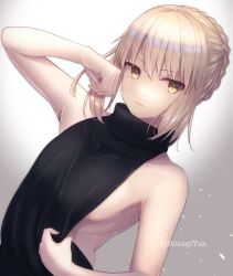 Rule 34 | 1girl, arm up, artoria pendragon (all), artoria pendragon (fate), bare arms, bare shoulders, black sweater, blonde hair, blush, braid, breasts, clothes tug, collarbone, crown braid, expressionless, fate (series), hair between eyes, hair ribbon, hand up, hiiragiyun, light particles, long hair, looking at viewer, medium breasts, meme attire, ribbed sweater, ribbon, saber alter, sidelocks, solo, sweater, sweater tug, turtleneck, turtleneck sweater, twitter username, virgin killer sweater, yellow eyes